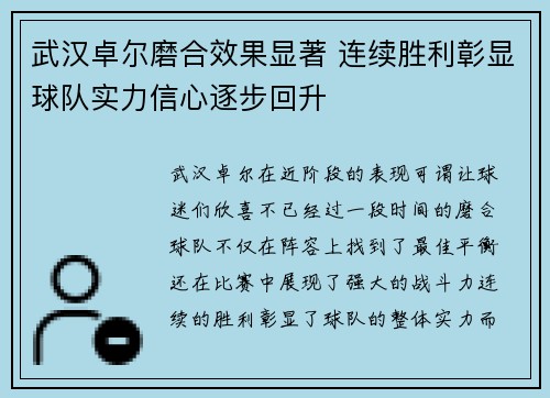 武汉卓尔磨合效果显著 连续胜利彰显球队实力信心逐步回升