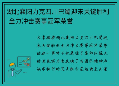 湖北襄阳力克四川巴蜀迎来关键胜利 全力冲击赛事冠军荣誉