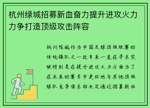 杭州绿城招募新血奋力提升进攻火力力争打造顶级攻击阵容