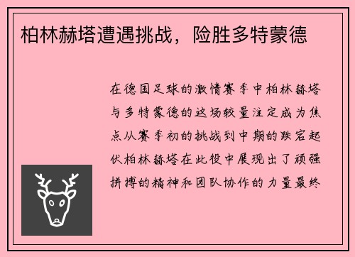 柏林赫塔遭遇挑战，险胜多特蒙德