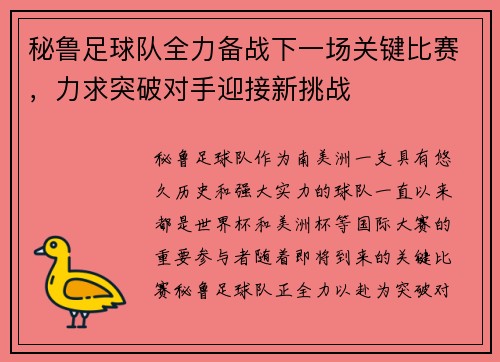 秘鲁足球队全力备战下一场关键比赛，力求突破对手迎接新挑战