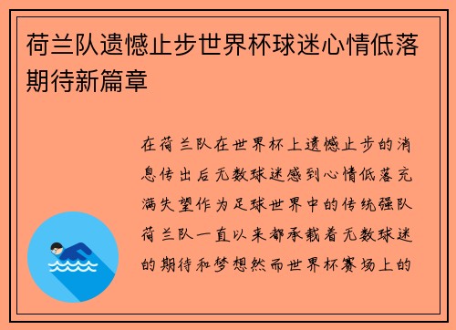 荷兰队遗憾止步世界杯球迷心情低落期待新篇章