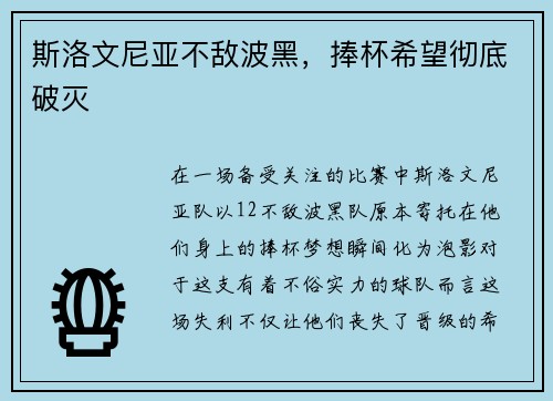 斯洛文尼亚不敌波黑，捧杯希望彻底破灭
