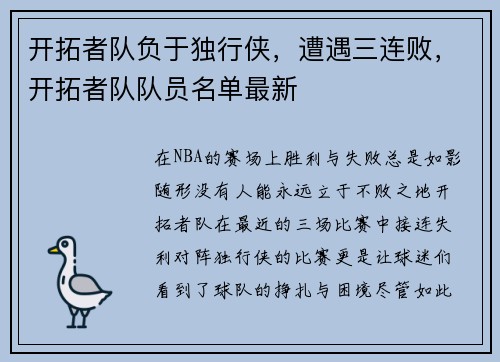 开拓者队负于独行侠，遭遇三连败，开拓者队队员名单最新