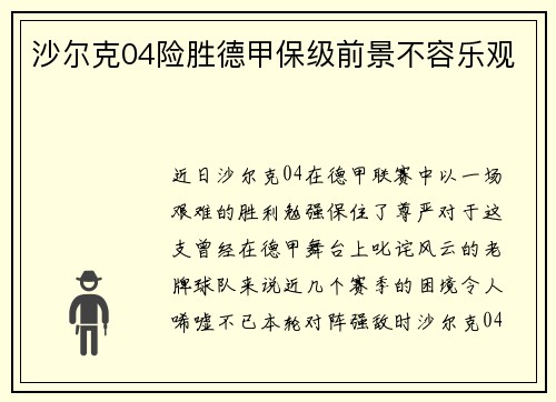 沙尔克04险胜德甲保级前景不容乐观