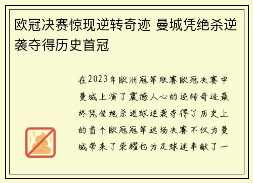 欧冠决赛惊现逆转奇迹 曼城凭绝杀逆袭夺得历史首冠